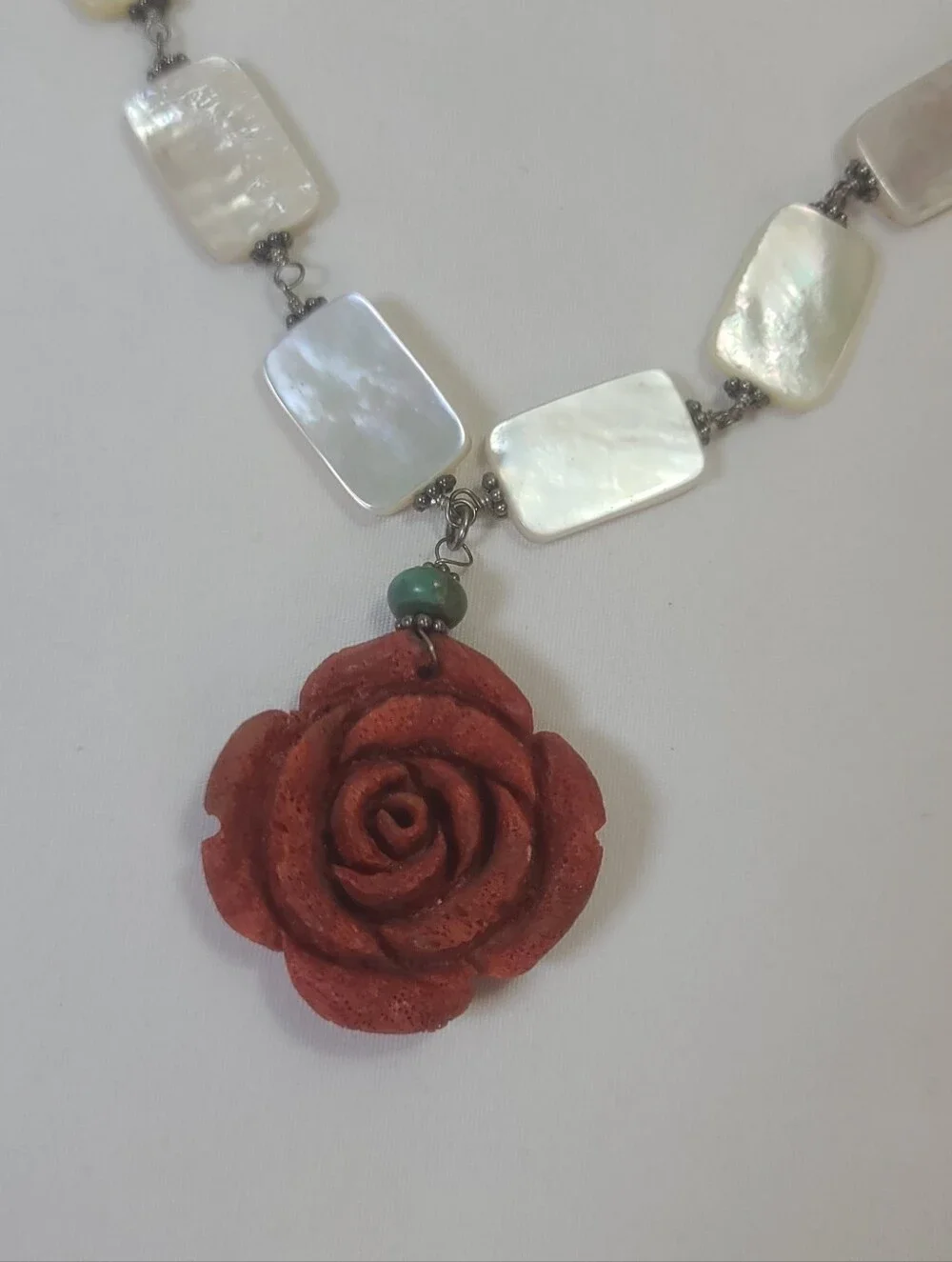 Red Coral Floral Rose Flower Pendant & Mother of Pearl Sterling Silver Necklace